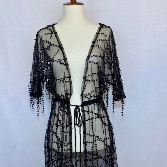 Sheer Black Lace Beach Coverup Robe with Sequins - Picture 5 of 14